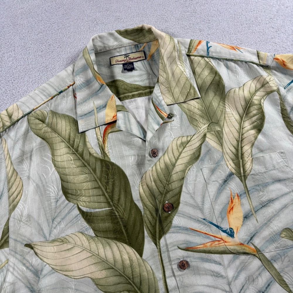 Tommy Bahama Mens Silk Bird of Paradise‎ Tropical Floral Camp Shirt Green Medium